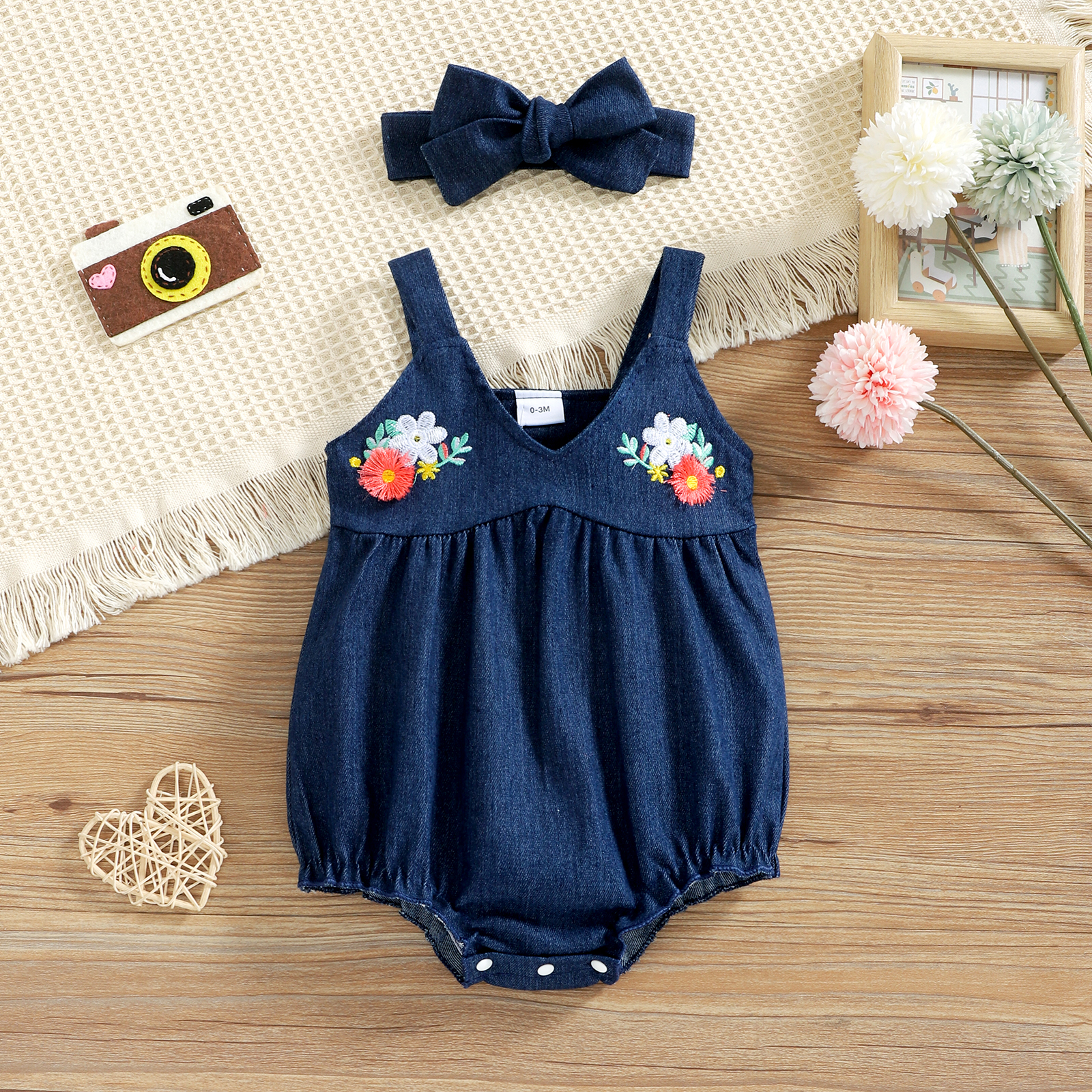 100% cotton denim 2pcs baby girl floral embroidered sleeveless romper with headband set