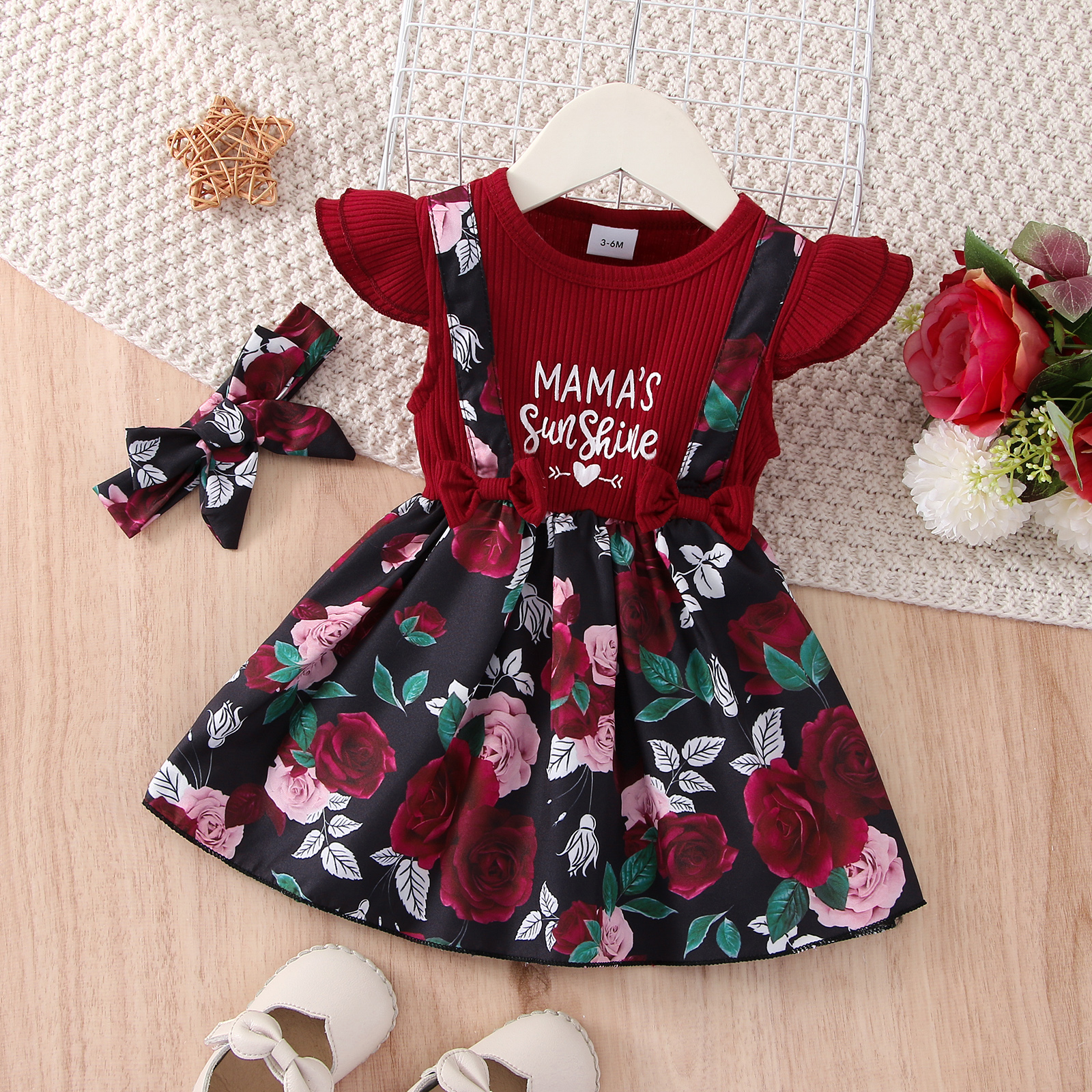 2pcs baby girl 95% cotton rib knit flutter-sleeve letter print spliced allover floral print dress with headband set