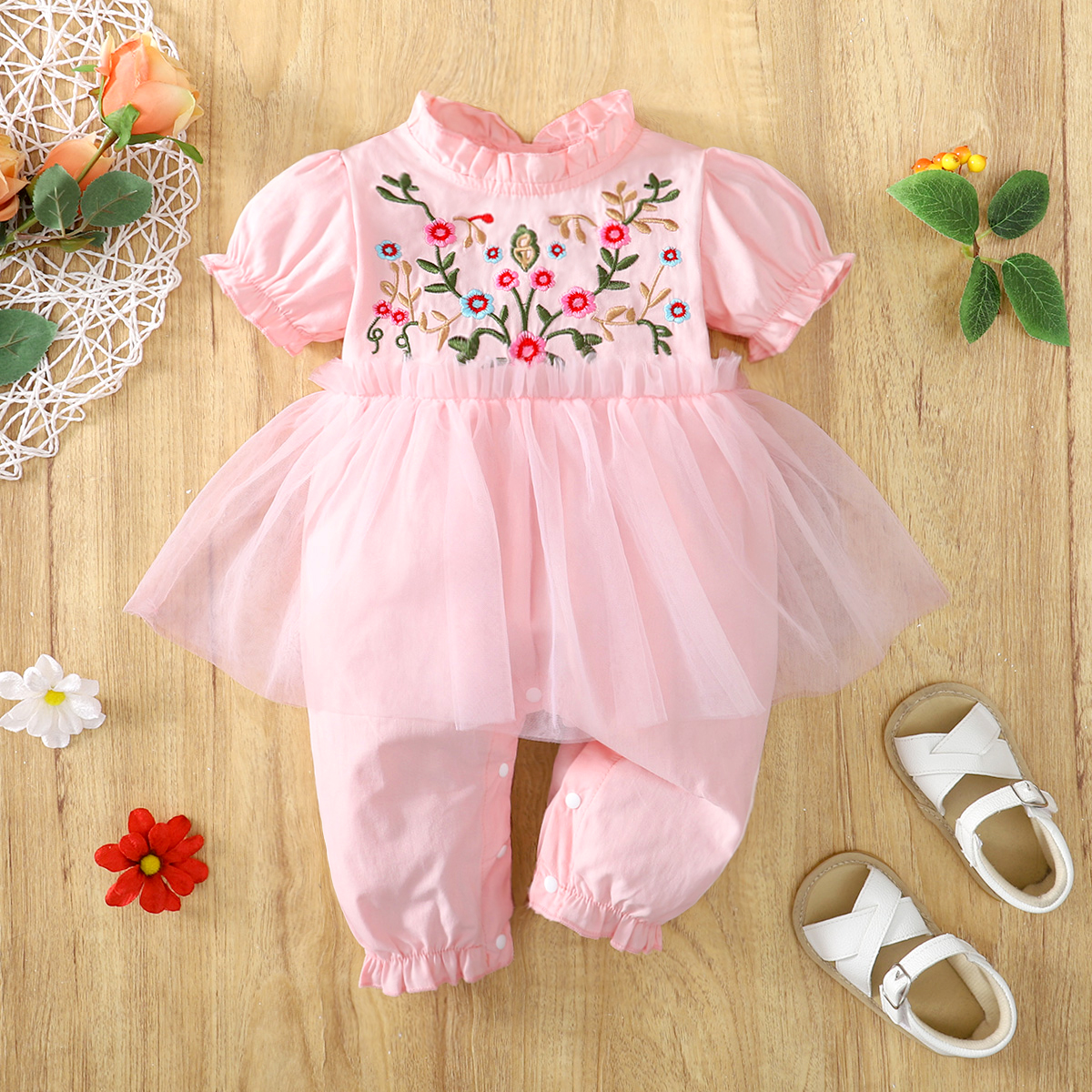 100% cotton baby girl floral embroidered pink frill puff sleeve splicing mesh jumpsuit