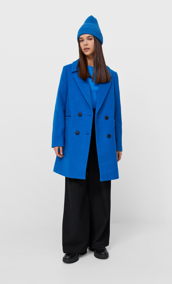 Stradivarius Double-Breasted Buttoned Coat Royal Blue L