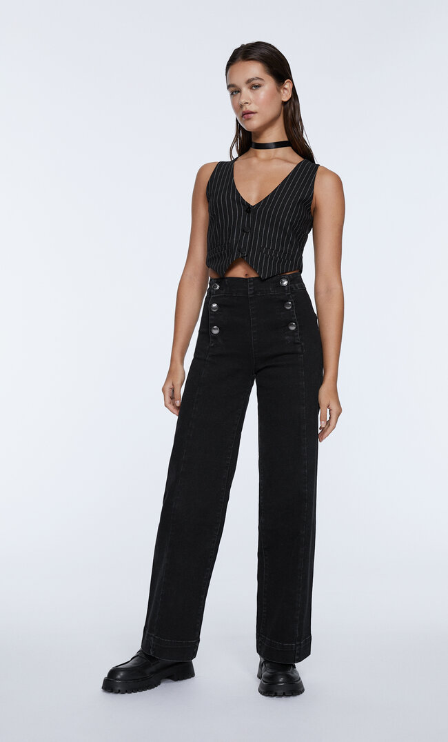 stradivarius full-length buttoned minimalist trousers black denim washed 16