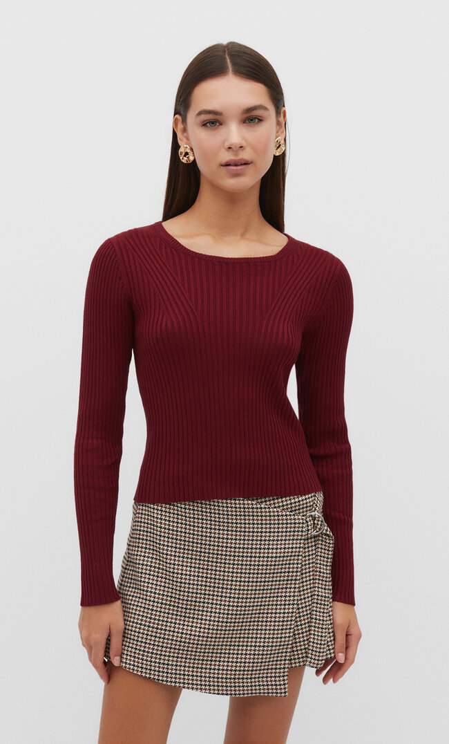 stradivarius basic ribbed sweater  burgundy l