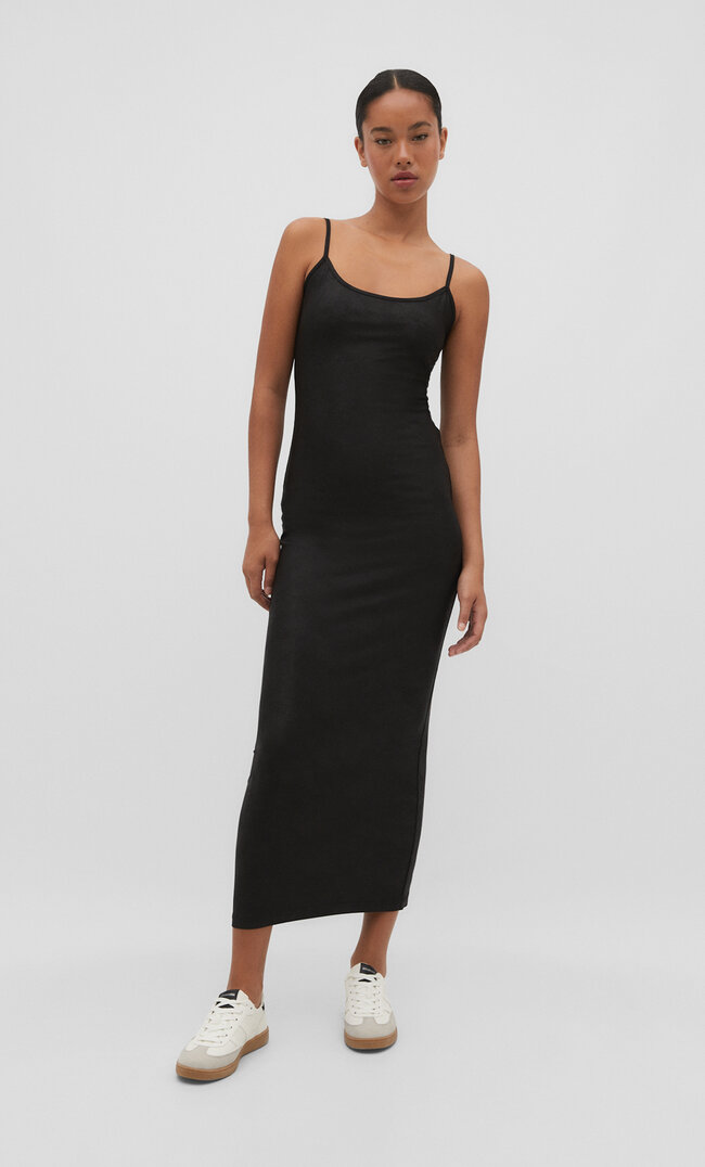 Stradivarius Coated Long Fitted Strappy Dress  Black Xs
