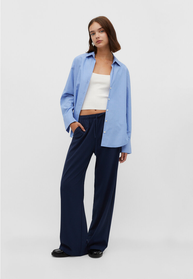 stradivarius loose-fitting linen blend trousers  navy blue l