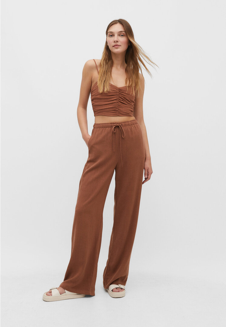 stradivarius strappy gathered linen blend top  brown l