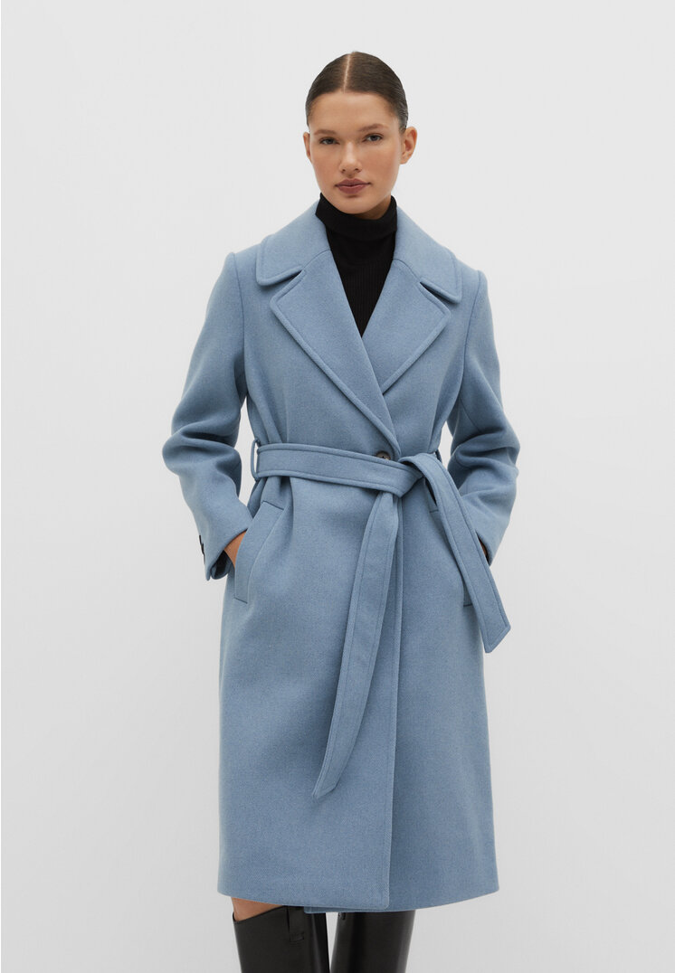 stradivarius felt texture coat with belt  sky blue xs