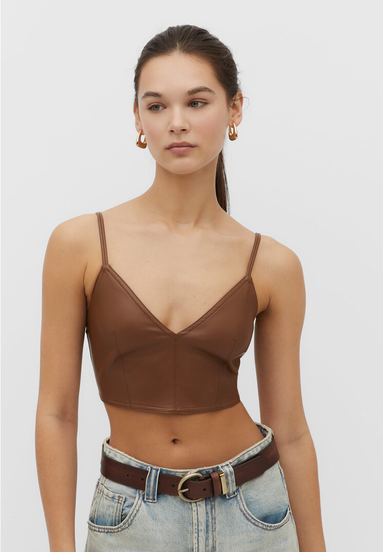 stradivarius faux leather strappy top  pale camel xl