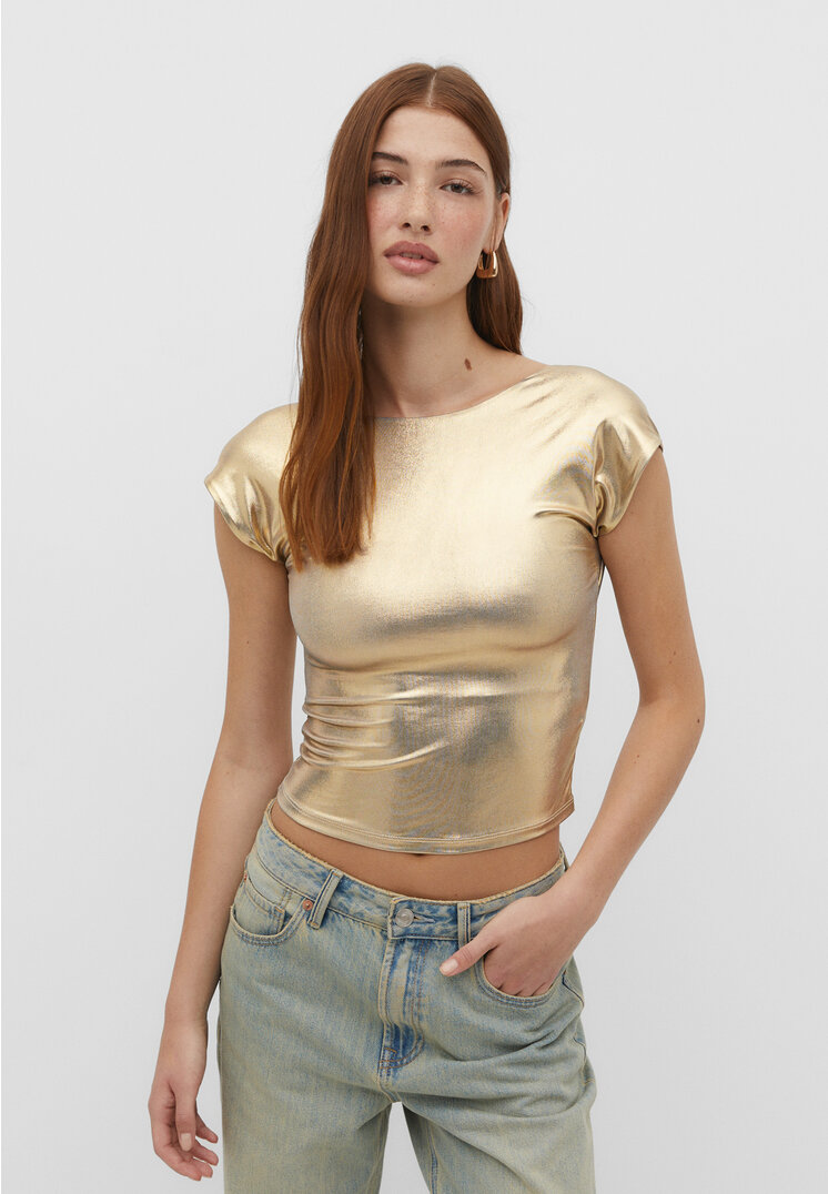 stradivarius metallic open-back t-shirt  gold m