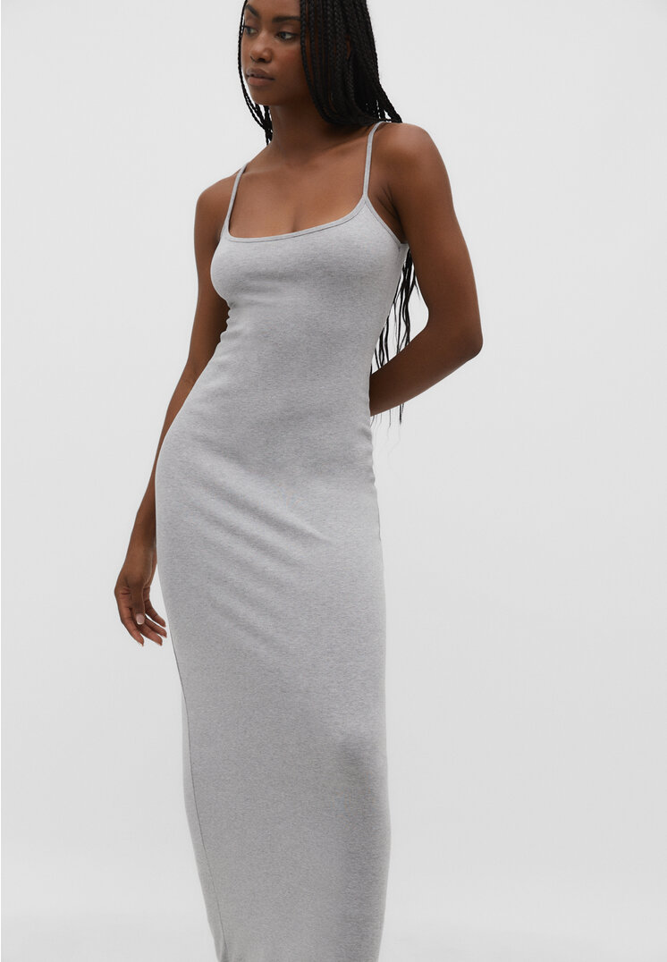 Stradivarius Long Fitted Strappy Dress  Grey L