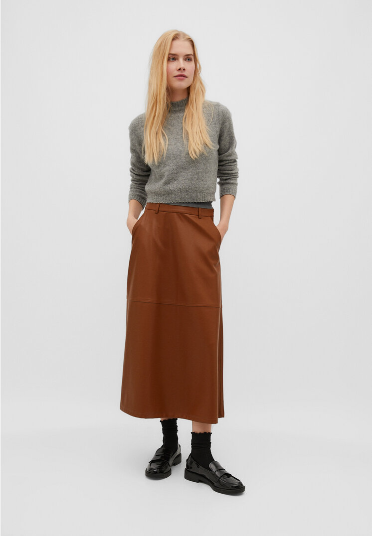 stradivarius leather effect layered midi skirt  pale camel xs