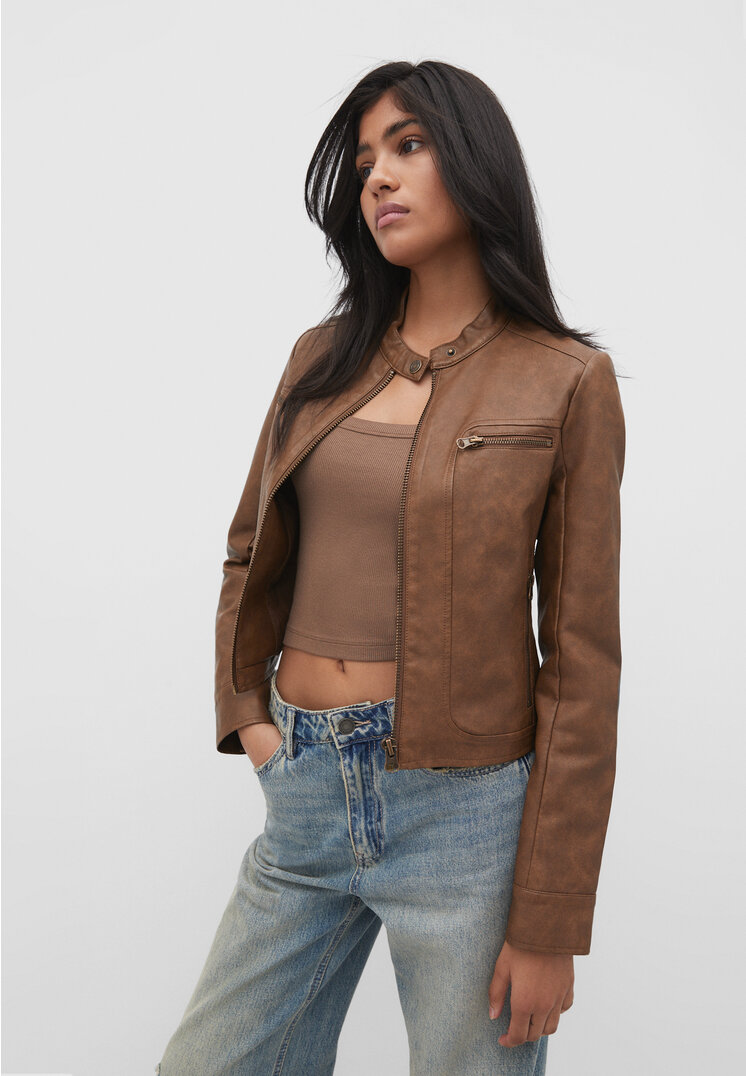 stradivarius fitted faux leather jacket  brown xs