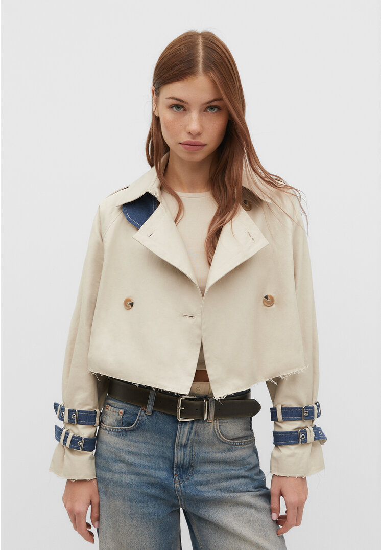 Stradivarius Cropped Trench Coat With Denim Details  Stone L