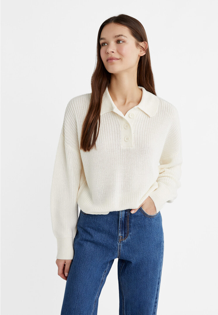 stradivarius knit polo sweater  vanilla xl