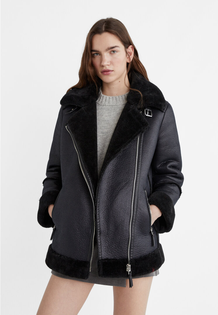 stradivarius soft faux fur double-faced biker jacket  black l