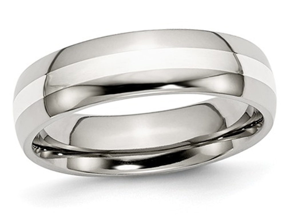 Mens Chisel 6Mm Stainless Steel Comfort Fit Wedding Band Ring With Silver Inlay