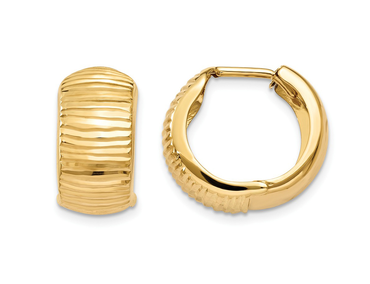 14K Yellow Gold Textured And Polished Hinged Hoop Earrings