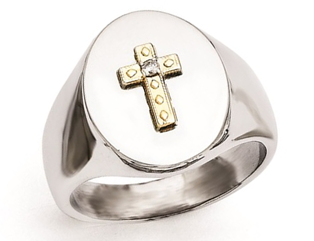 Mens Stainless Steel Ring With 10K Gold Cross