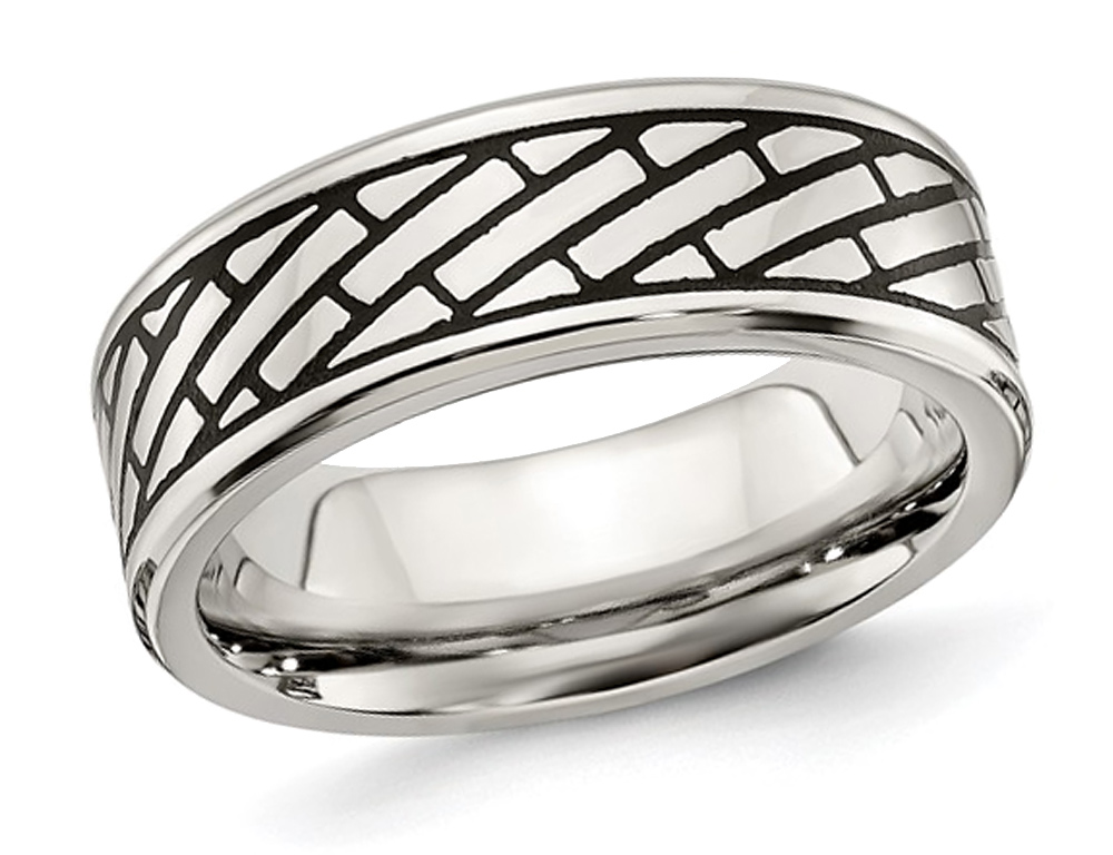 Mens Stainless Steel 7.5Mm Antiqued & Polished Brick Band Ring