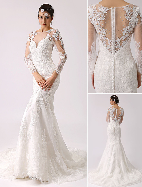 Mermaid Wedding Dress Long Sleeve Illusion Neckline Lace Beaded Bridal Dress With Court Train