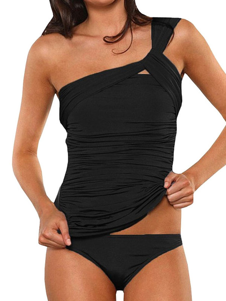 2 Piece Bathing Suits Dark Navy One Shoulder Sleeveless Asymmetrical Tankini Swimsuit