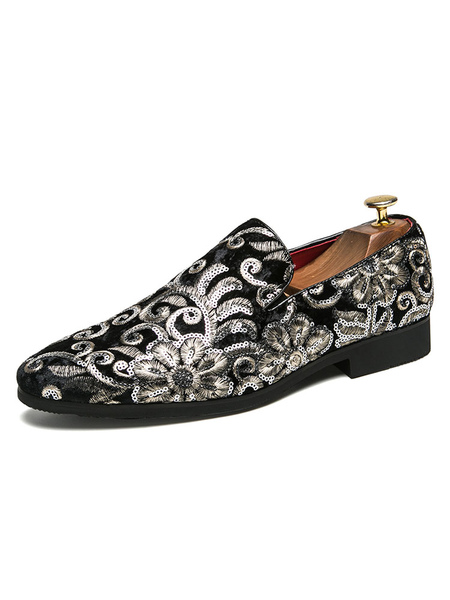 Black Dress Shoes Men Round Toe Embroidered Slip On Loafers Party Shoes