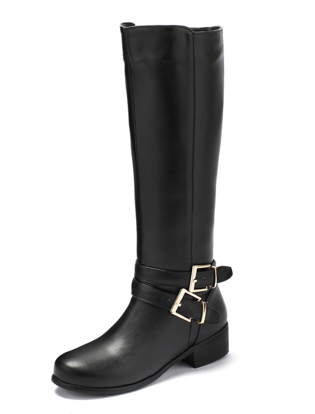 Knee High Boots Womens Buckled Round Toe Low Chunky Heel Boots