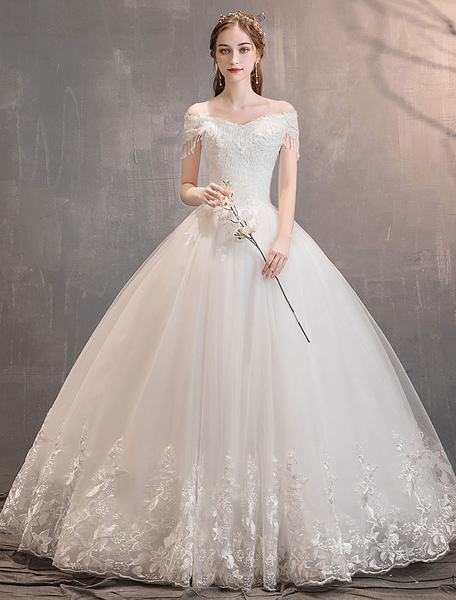 Tulle Wedding Dresses Princess Bridal Gown Off The Shoulder Lace Applique Floor Length Ball Gown Bridal Dress
