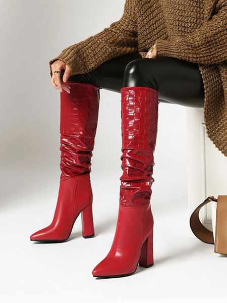 women\\'s red croc print knee-high boots pointed toe chunky heel boots