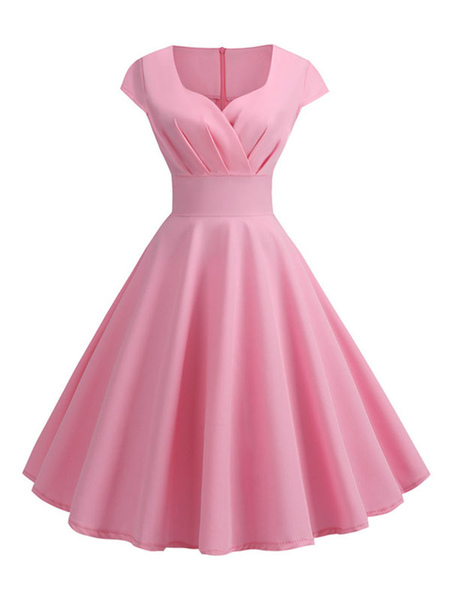 Summer Dress Pink V-Neck Short Sleeve Beach Midi Dress