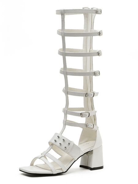 White Summer Boots Square Toe Buckle Chunky Heel Pu Leather Gladiator Sandals