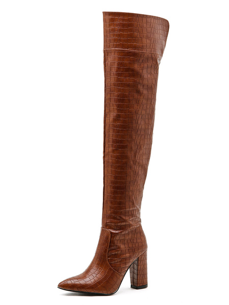 women's croc print over the knee boots chunky heel brown