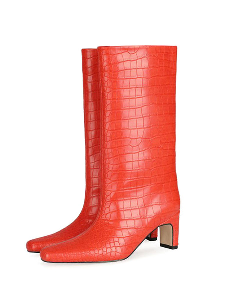 women's croc print chunky heel mid calf boots in red