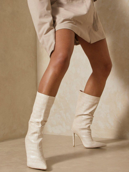 women's croc print mid calf boots stiletto heel pointy toe