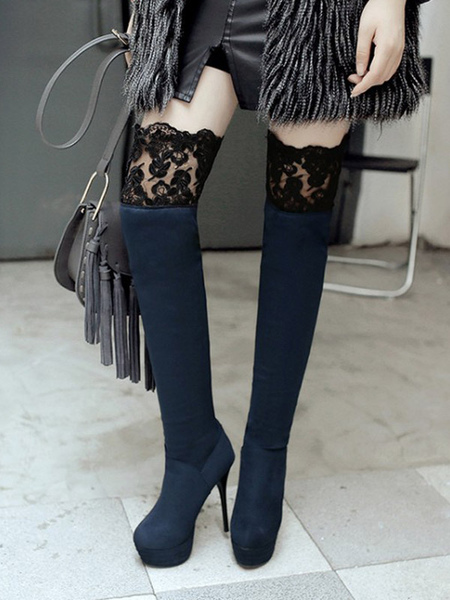Women's Suede Over The Knee Boots Platform Lace Detail Thigh High Boots